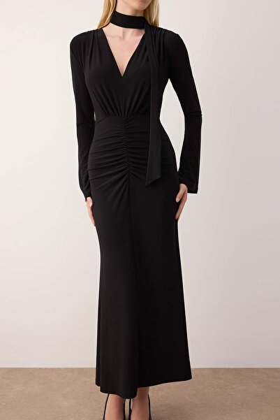 Trendyol Collection Black V-Neck A-Line/A-Line Opened Scarf Detail Straight Maxi Knitted Dress Twoaw26El00205