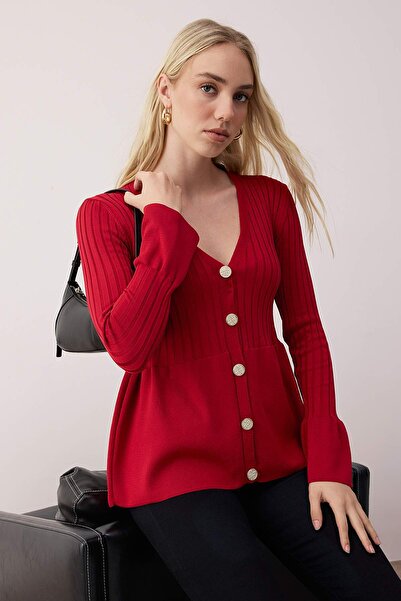 Trendyol Collection Red Peplum Detailed Knitwear Cardigan Twoaw26Hi00271
