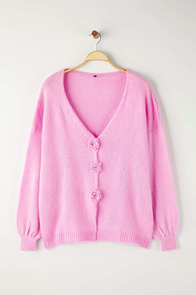 Trendyol Curve Pink Flower Detailed Knitwear Cardigan Tbbaw26Av00020