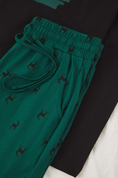 Trendyol Collection Зумрует зелений оленів принт Regular Fit трикотажний піжамний комплект TMNAW25PT00040
