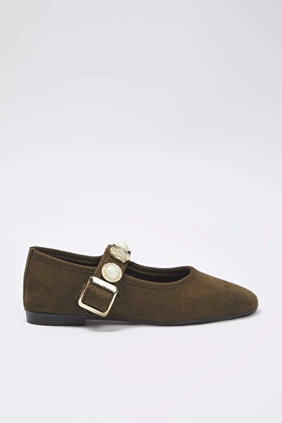 TRENDYOL SHOES Khaki Suede Buckle Detail Round Toe Tweed Mary Jane Women's Ballet Flats Takss25Be00011