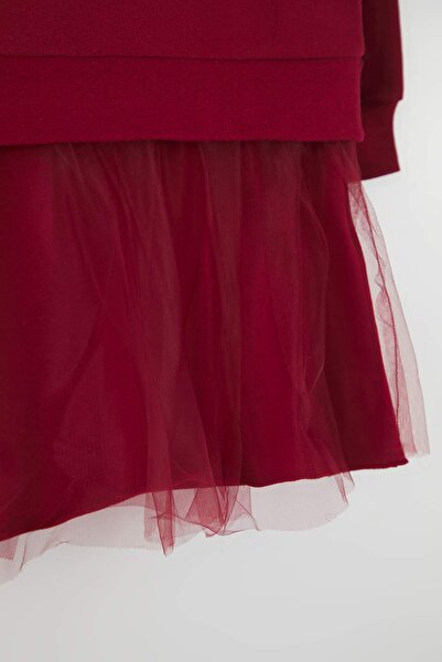 TRENDYOLKIDS Κερασί 100% βαμβακερό εμπριμέ φόρεμα με λαιμόκοψη σε γραμμή Α για κορίτσια πλεκτό φόρεμα TKDAW26EL00007