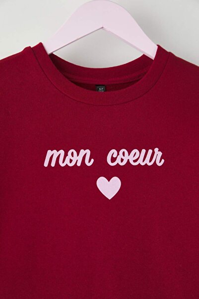 TRENDYOLKIDS Κερασί 100% βαμβακερό εμπριμέ φόρεμα με λαιμόκοψη σε γραμμή Α για κορίτσια πλεκτό φόρεμα TKDAW26EL00007