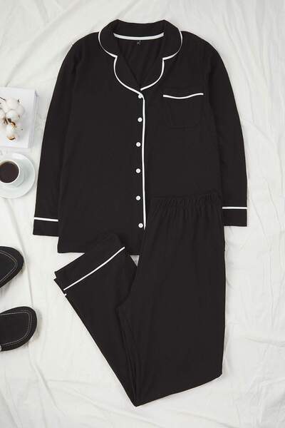 Trendyol Curve Black Piping Detailed Shirt Collar Knitted Pajama Set