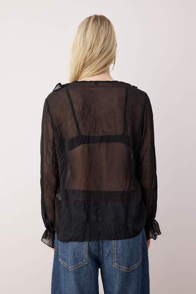 Trendyol Collection Black Boho Crinkle Look Chiffon See-Through Shirt Twoaw26Go00070
