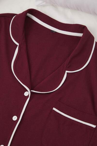 Trendyol Curve Burgundy Piping Detailed Shirt Collar Knitted Pajama Set Tbbaw26Ai00032