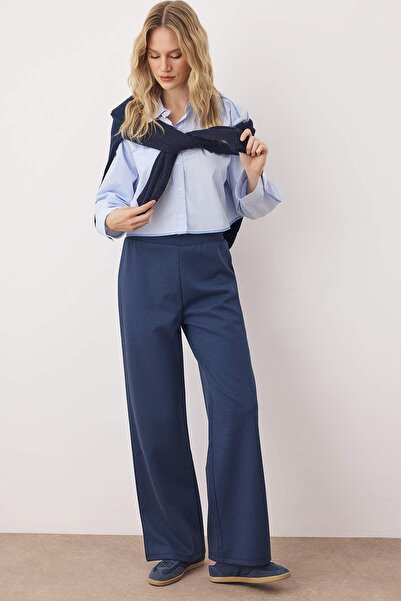 Trendyol Collection Navy Blue Regular Waist Wide Leg Stretchy Knitted Trousers Twoaw26Pl00103