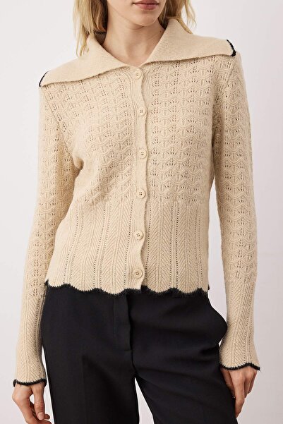 Trendyol Collection Stone Turn-Down Collar Pointelle Fitted Knitwear Cardigan Twoaw26Hi00073