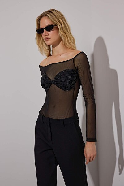 Trendyol Collection Black Stone Printed Carmen Collar Knitted Tulle Body Tpraw26Bd00019