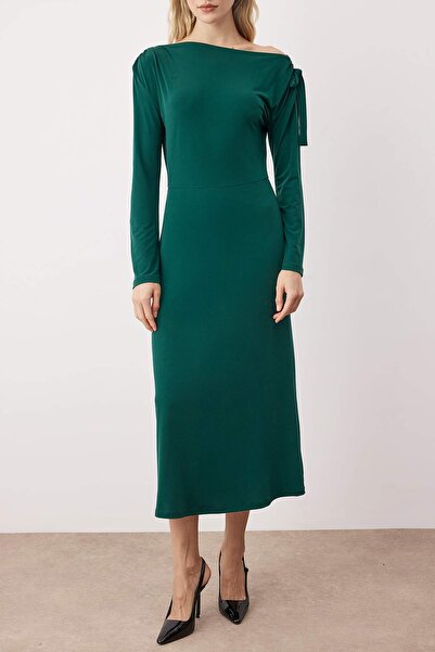 Trendyol Collection Emerald Green Open Shoulder Lace-Up Detail A-Line/Bell Opening Midi Knitted Dress Twoaw26El00226