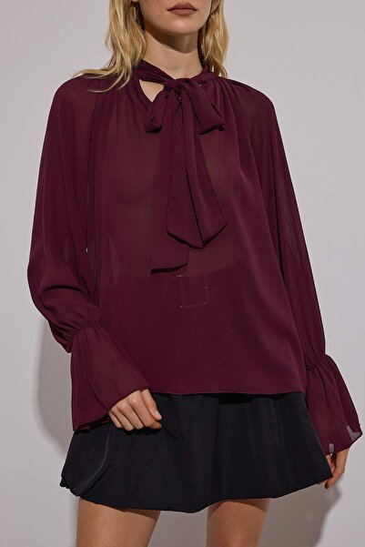 Trendyol Collection Περιορισμένη έκδοση Μπλούζα πάρτι με διαφανές ύφασμα χωρίς επένδυση με λαιμόκοψη σε σκούρο μπορντό TPRAW26BZ00025