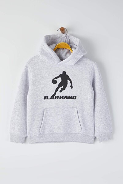 TRENDYOLKIDS Gray Melange Cotton Printed Thick/Fleece Lined Hooded Boys' Knitted Sweatshirt Tkdaw26Sw00033