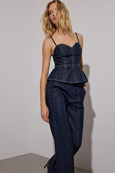Trendyol Collection Bustieră din denim cu decolteu în formă de inimă, ediție limitată, albastru închis TWOAW26BS00000