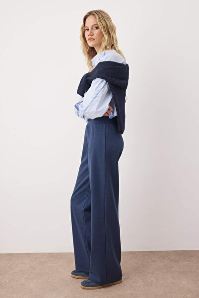 Trendyol Collection Navy Blue Regular Waist Wide Leg Stretchy Knitted Trousers Twoaw26Pl00103