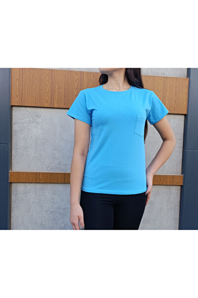 siyalife تي شيرت نسائي أزرق بياقة دائرية وتفاصيل جيب