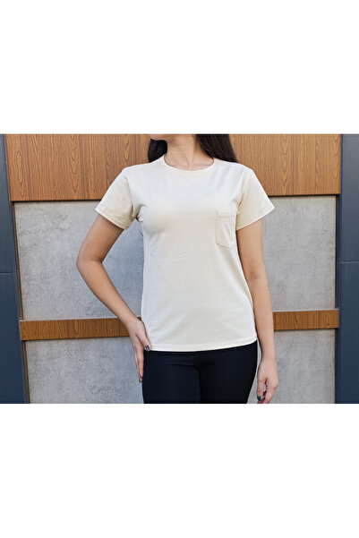 siyalife Γυναικείο κρεμ μπλουζάκι με λεπτομέρεια τσέπης στο λαιμόκοψη