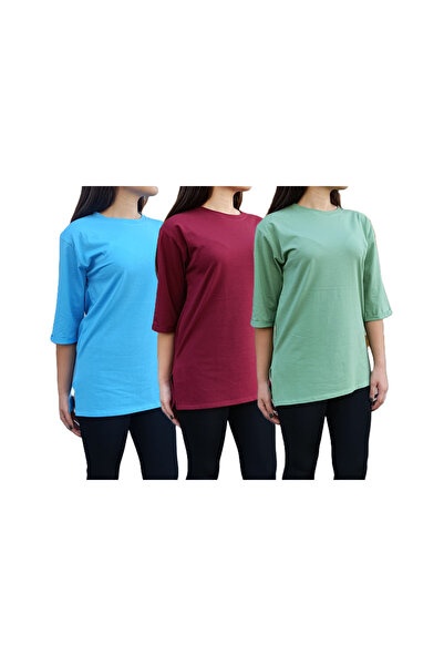 siyalife تي شيرت برقبة دائرية وأكمام نصفية وتفاصيل مشقوقة وقصة مريحة قصة فضفا...