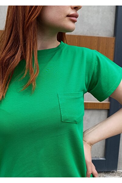 siyalife Βασικό πράσινο γυναικείο μπλουζάκι με λεπτομέρεια τσέπης στο λαιμόκοψη