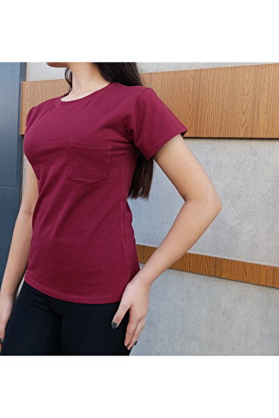 siyalife تي شيرت نسائي بياقة دائرية وتفاصيل جيب باللون الأحمر الداكن
