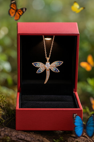 KAR DİAMOND 14 Ayar Altın Zincirli Renkli Zirkon Taşlı Yusufçuk Kolye - Sertifikalı Işıklı Hediye Kutulu