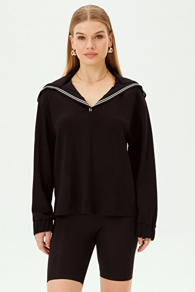 Allyco Μαύρο μακρυμάνικο φούτερ με γιακά Sailor με άνετο κούμπωμα