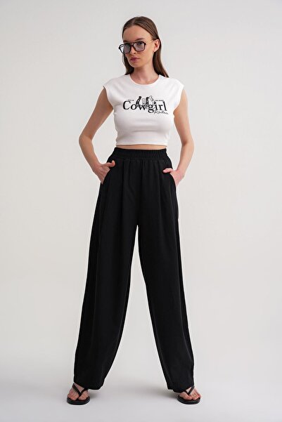 Mixray 4682 Women's Elastic Waist Jogger Loose Linen Trousers Black