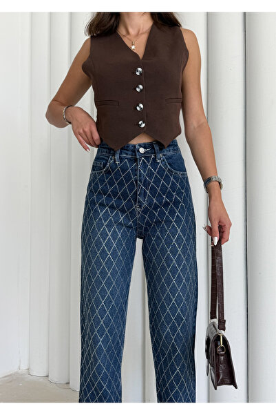 Bluezoni Жіночі темно-сині широкі штани з блискучими камінцями, спеціальний дизайн, джинсові штани-палаццо