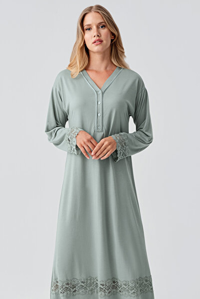 Artış Long Sleeve Lace Buttoned Stretchy Viscous Nightgown
