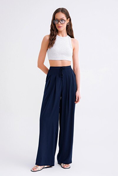 Mixray 4681 Γυναικείο παντελόνι με διπλό πλισέ Palazzo με φαρδύ πόδι σε μπλε ...