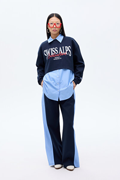 Quzu Çizgili Gömlek Garnili Yazı Baskılı Oversize Sweatshirt Mavi