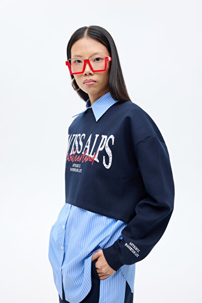 Quzu Çizgili Gömlek Garnili Yazı Baskılı Oversize Sweatshirt Mavi