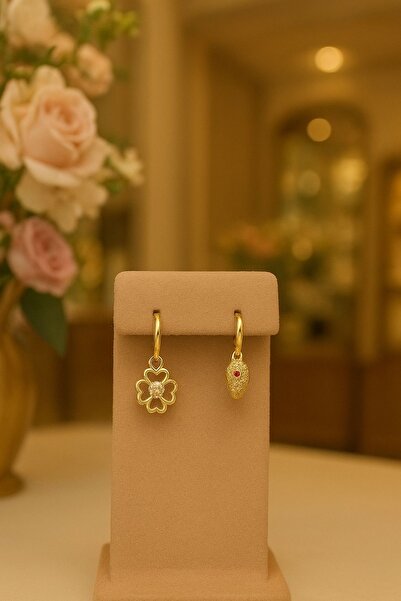 FD TAKI VE AKSESUAR FD TAKI KADIN İKİLİ ÇELİK KÜPE YONCA VE YILAN MODELİ