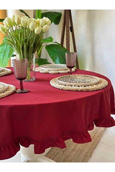 Decamor home Cotton Stain-Resistant Water-Repellent Burgundy Ruffled Round Tablecloth