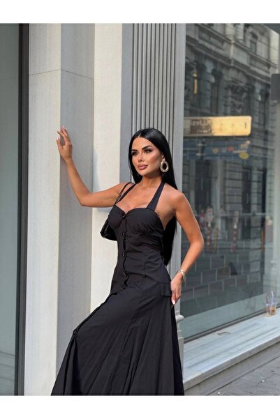 Bak Moda Düğmeli Siyah Poplin Elbise