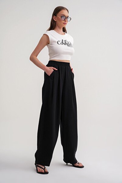 Mixray 4682 Women's Elastic Waist Jogger Loose Linen Trousers Black