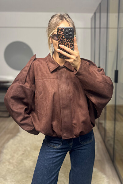 NET OF NOT Oversize Kadın Bomber Süet Deri Ceket