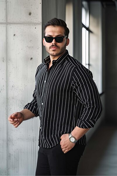 Valiberta Scorsese Çizgili Relaxed Fit Erkek Gömlek - Siyah