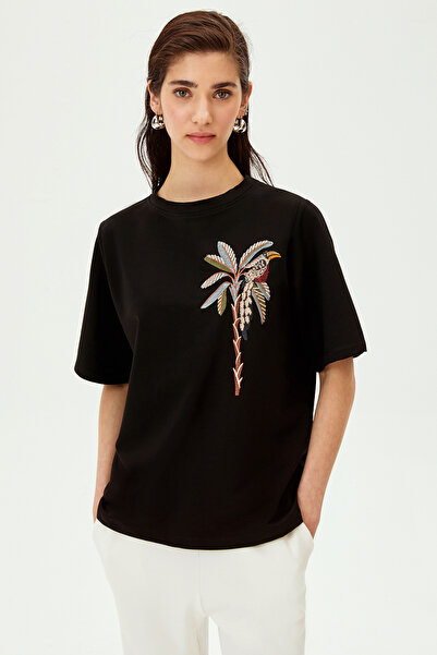 Allyco Πλεκτό μπλουζάκι με κεντημένη φιγούρα παπαγάλου με λαιμόκοψη από βαμβακερό άνετο πλεκτό μπλουζάκι