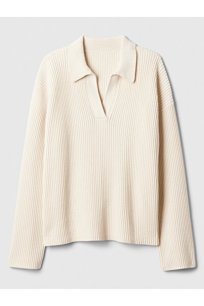 GAP Kadın Kırık Beyaz V Yaka Yırtmaç Detaylı Kazak