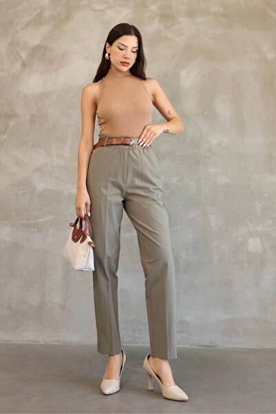 lodmela Pocket Detailed Elastic Waist Gabardine Fabric Trousers 6019-Khaki