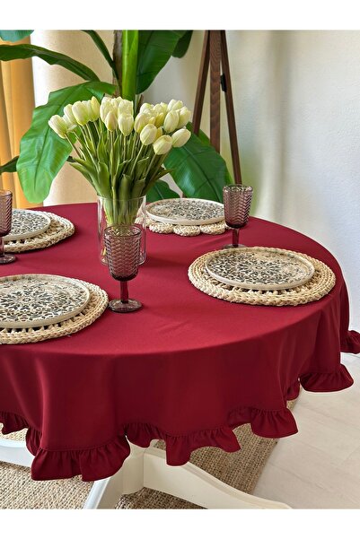 Decamor home Cotton Stain-Resistant Water-Repellent Burgundy Ruffled Round Tablecloth