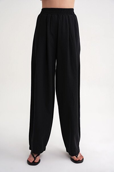 Mixray 4682 Women's Elastic Waist Jogger Loose Linen Trousers Black