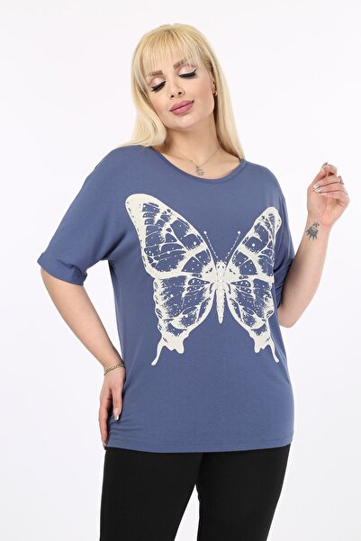 modayız Tricou cu imprimeu fluture cu pietre mărime mare 37B-2096