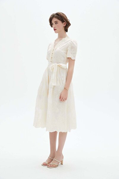 Nichii Women's Midi Dress with Lace Details and Bow Waist Belt