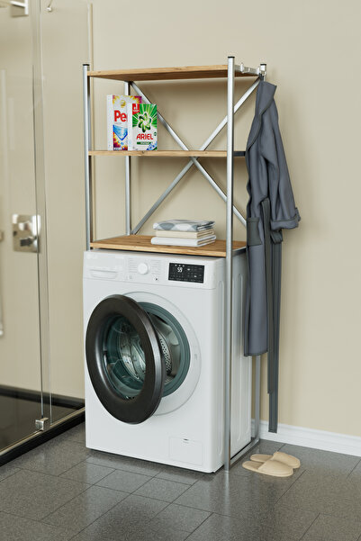 Hediyeler Kapında Askılıklı Çamaşır Makinesi Üstü Banyo Düzenleyici Raf Çok Amaçlı Organizer Gümüş - Ahşap