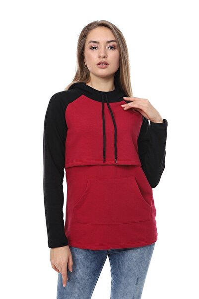 Luvmabelly Myra4523 Черно-бордо пачуърк блуза за кърмене с качулка и джобове