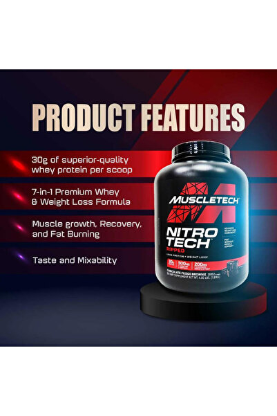 MUSCLETECH Nitro-tech Ripped Whey Protein, Weight Loss & Muscle Support, Chocolate Fudge Brownie, 4lbs