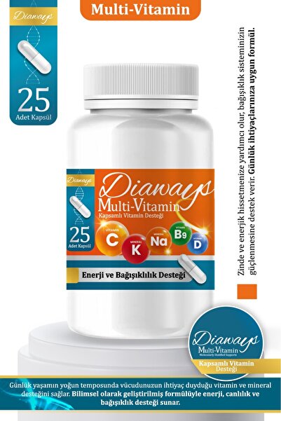 DİAWAYS Multivitamin, Magnezyum, Demir, Çinko, Folik Asit, Vitamin E C B3 B5 B6 B2 B1 D3 K2 takviye gıda