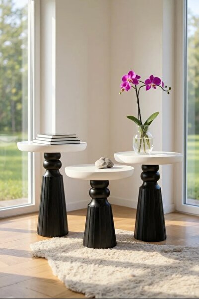 ASELYA HOME Doğal Ahşap 3’lü Set Siyah & Beyaz Renk Mantar Yan Sehpa Modern F...