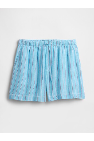 GAP Kadın Mavi Çizgili Keten Karışımlı Şort